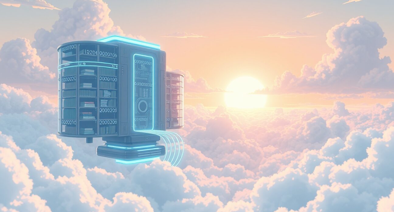 Filecoin decentralized storage network visualized as a futuristic digital library in the clouds