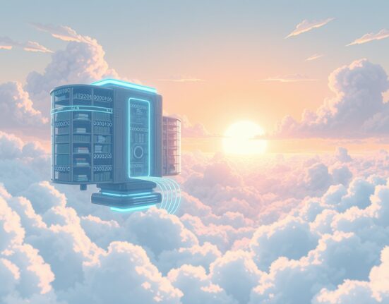 Filecoin decentralized storage network visualized as a futuristic digital library in the clouds