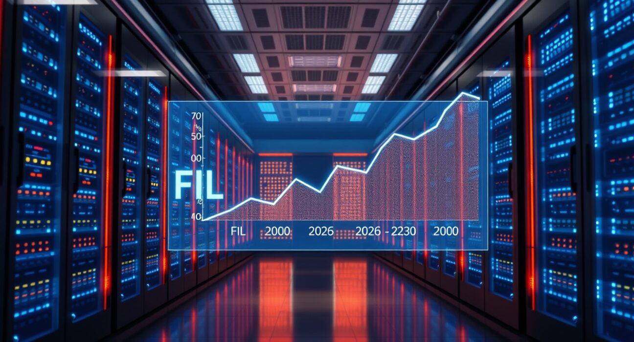 Filecoin price prediction chart showing a potential trend reversal ahead for FIL from 2026 to 2030 in a modern data center