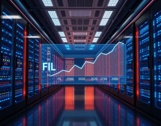 Filecoin price prediction chart showing a potential trend reversal ahead for FIL from 2026 to 2030 in a modern data center