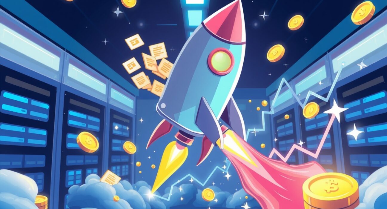 Filecoin price surge illustrated as rocket-shaped storage device launching upward