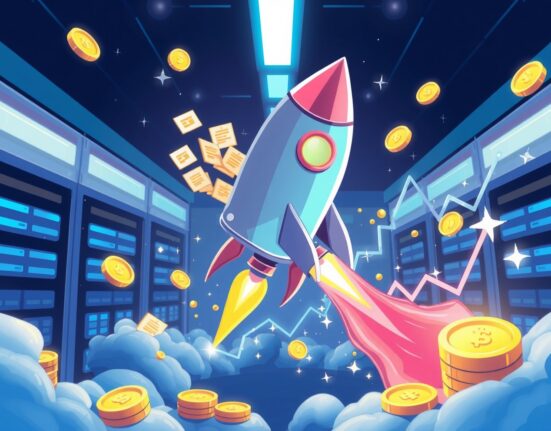 Filecoin price surge illustrated as rocket-shaped storage device launching upward