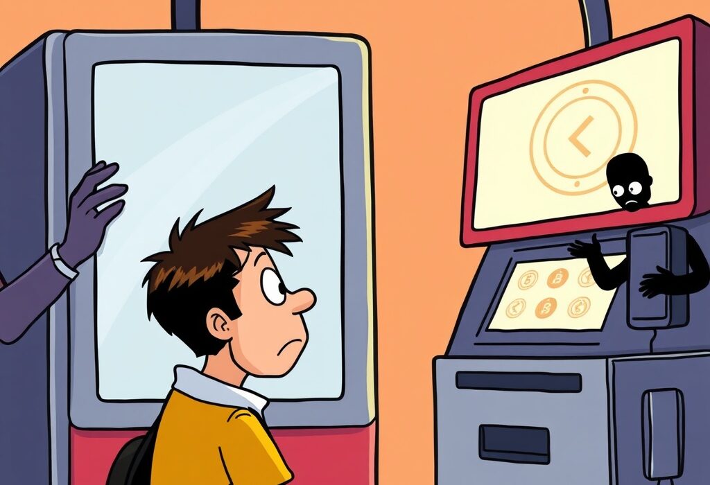 A cartoon illustration showing a user wary of a crypto kiosk, highlighting the risk of crypto kiosk scams and the importance of vigilance.