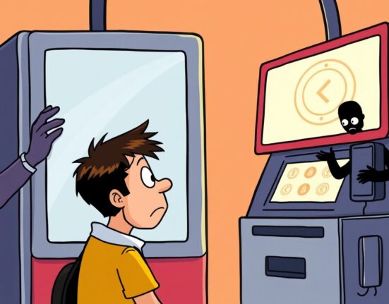 A cartoon illustration showing a user wary of a crypto kiosk, highlighting the risk of crypto kiosk scams and the importance of vigilance.