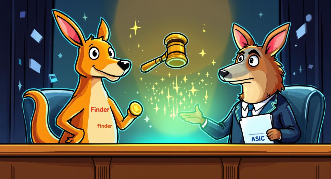 A cartoon kangaroo representing Finder celebrates a legal victory against a platypus representing ASIC, symbolizing the Finder Earn ruling in Australia.