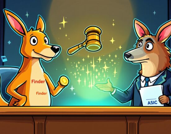 A cartoon kangaroo representing Finder celebrates a legal victory against a platypus representing ASIC, symbolizing the Finder Earn ruling in Australia.