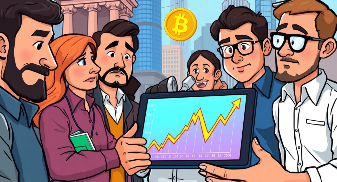 Cartoon illustration showing investors analyzing crypto purchase intent data on a digital tablet