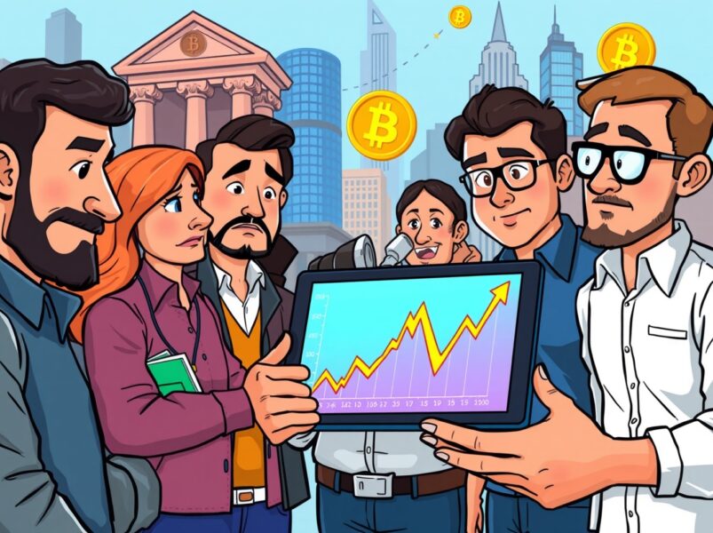 Cartoon illustration showing investors analyzing crypto purchase intent data on a digital tablet