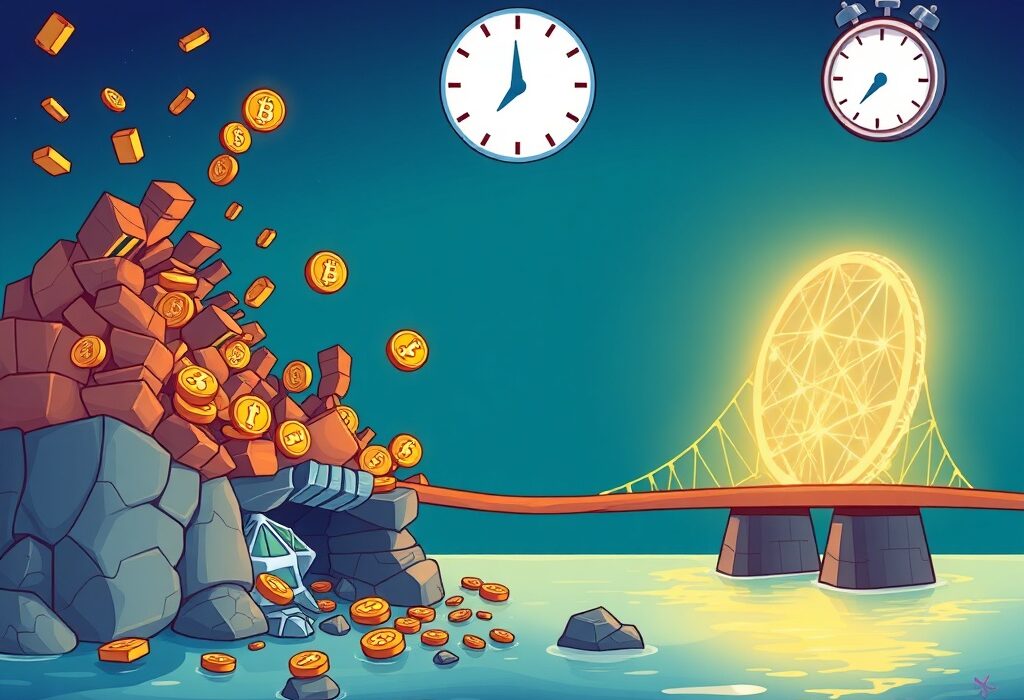 A cartoon illustration showing the urgent transition from the old Finschia chain shutdown to a new blockchain.