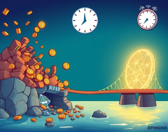 A cartoon illustration showing the urgent transition from the old Finschia chain shutdown to a new blockchain.