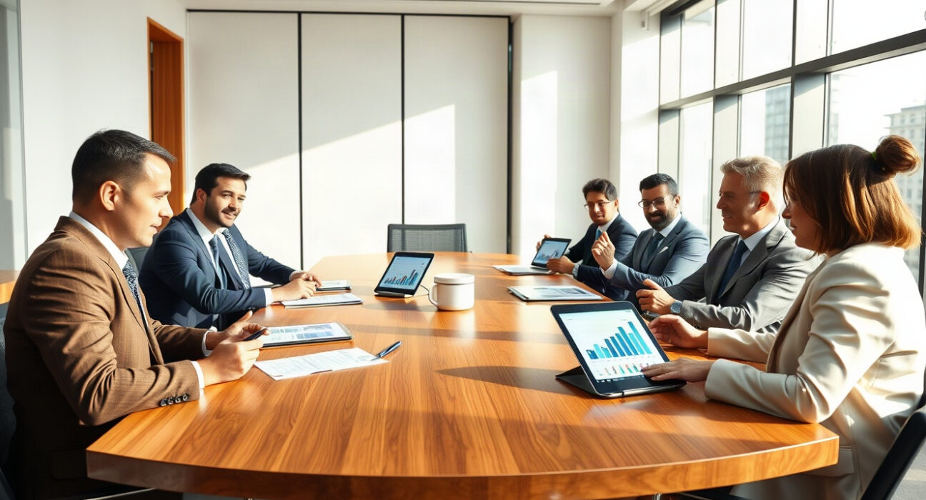 Business executives in a boardroom discussing investment documents during a funding round