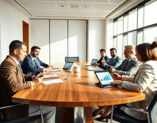 Business executives in a boardroom discussing investment documents during a funding round
