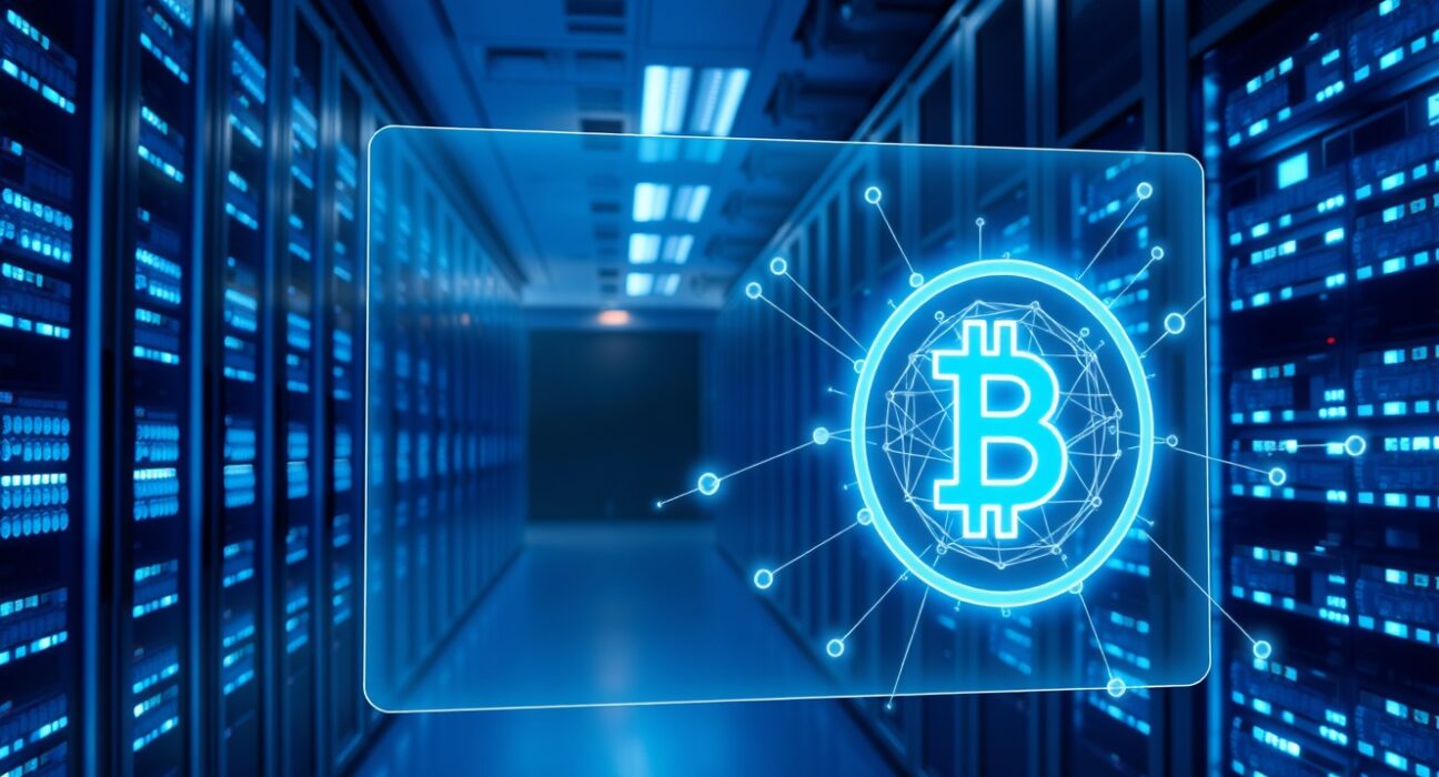 Futuristic data center with holographic interface showing stablecoin and AI agent payment network.