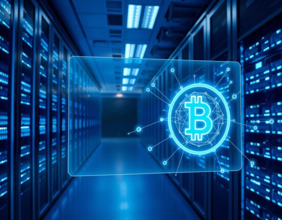 Futuristic data center with holographic interface showing stablecoin and AI agent payment network.