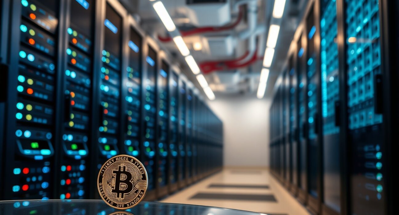 Bitcoin coin in front of high-tech server racks in a data center, representing crypto security infrastructure.