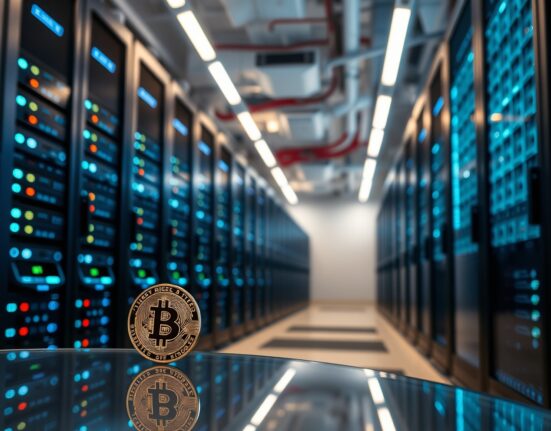 Bitcoin coin in front of high-tech server racks in a data center, representing crypto security infrastructure.