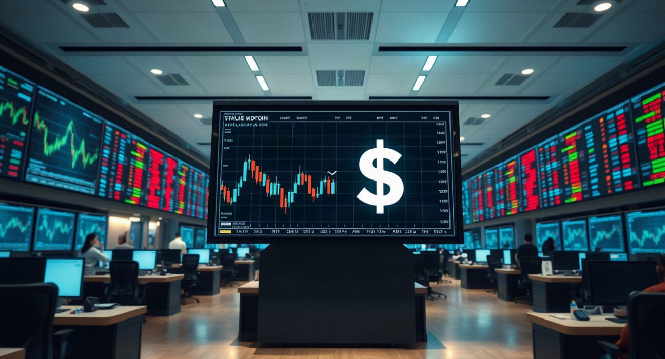 A modern cryptocurrency trading floor with screens displaying charts and a stablecoin symbol, representing large digital asset transfers.