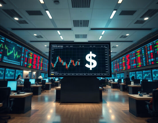 A modern cryptocurrency trading floor with screens displaying charts and a stablecoin symbol, representing large digital asset transfers.