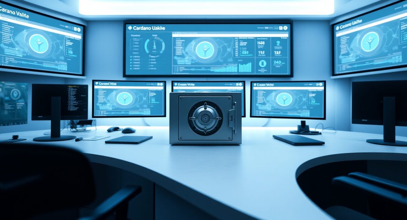 Modern financial control room with Cardano ADA staking dashboard on monitors, representing institutional crypto access.
