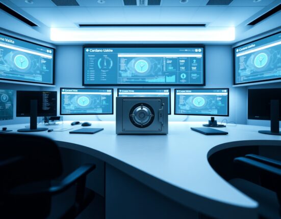 Modern financial control room with Cardano ADA staking dashboard on monitors, representing institutional crypto access.