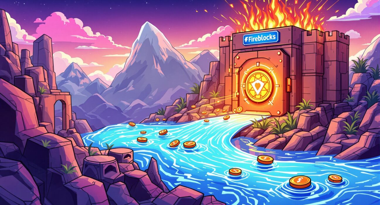 A cartoon illustration showing the secure integration of Fireblocks with the Sui Network, symbolizing enhanced institutional access to crypto.