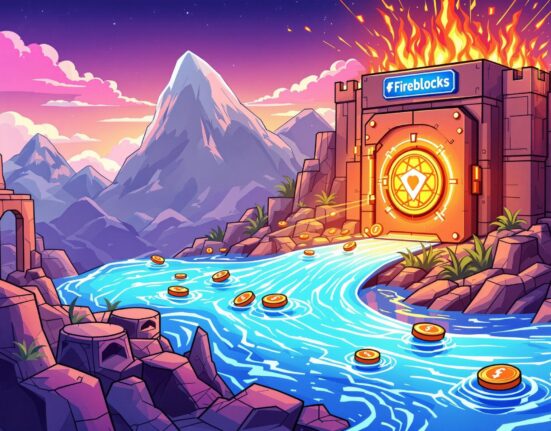 A cartoon illustration showing the secure integration of Fireblocks with the Sui Network, symbolizing enhanced institutional access to crypto.