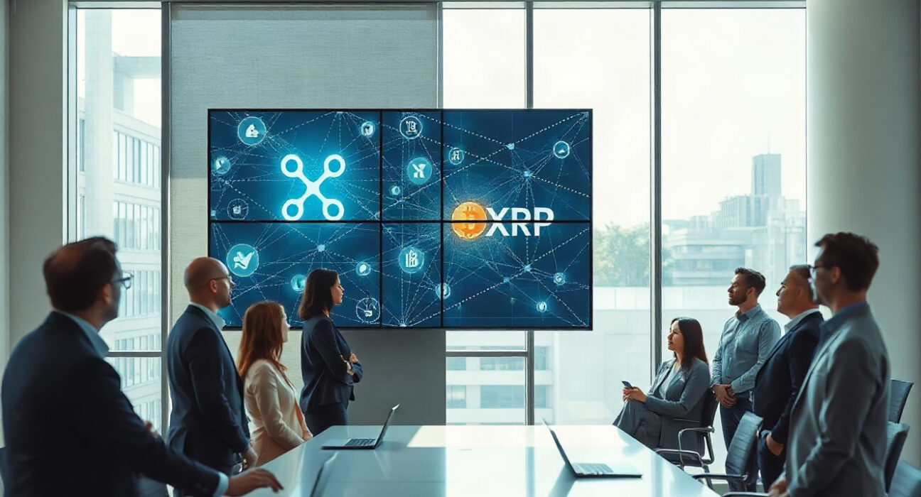 Financial professionals reviewing blockchain data on a large screen in a modern office