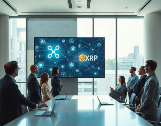 Financial professionals reviewing blockchain data on a large screen in a modern office