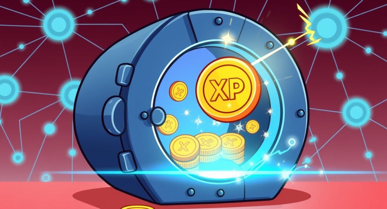 Vibrant cartoon illustration of the new XRP staking protocol securely generating reward tokens on the Flare network.