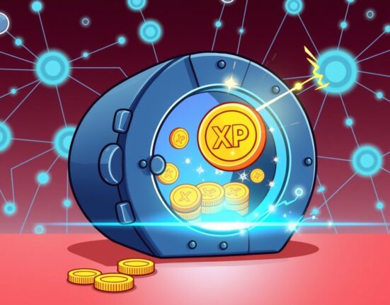 Vibrant cartoon illustration of the new XRP staking protocol securely generating reward tokens on the Flare network.