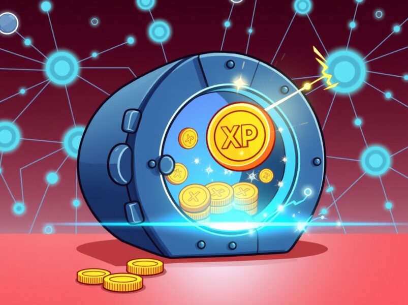 Vibrant cartoon illustration of the new XRP staking protocol securely generating reward tokens on the Flare network.
