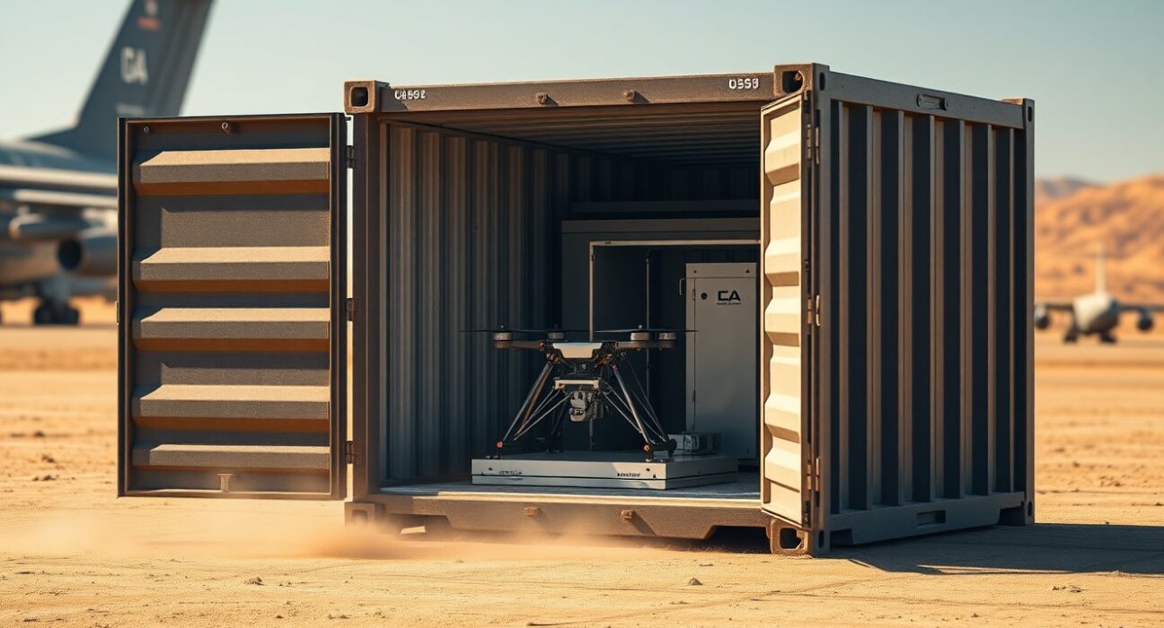 Firestorm Labs xCell containerized drone factory with 3D printer and drone frame inside on a military airfield