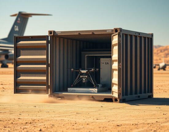 Firestorm Labs xCell containerized drone factory with 3D printer and drone frame inside on a military airfield