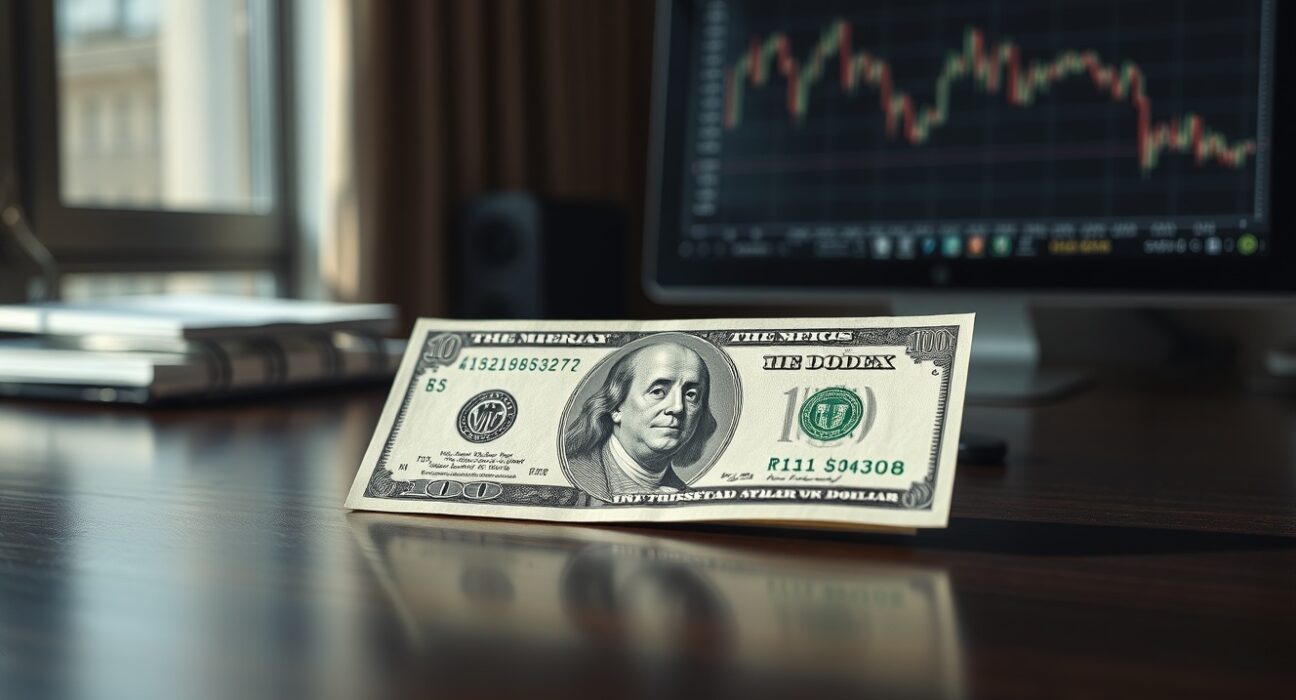 A US Dollar bill on a desk with a blurred monitor showing a flat DXY chart in the background.