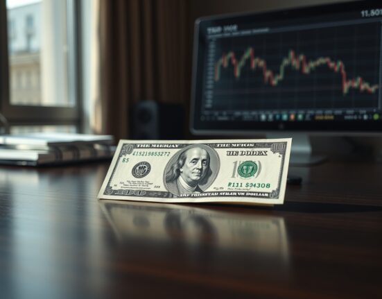 A US Dollar bill on a desk with a blurred monitor showing a flat DXY chart in the background.