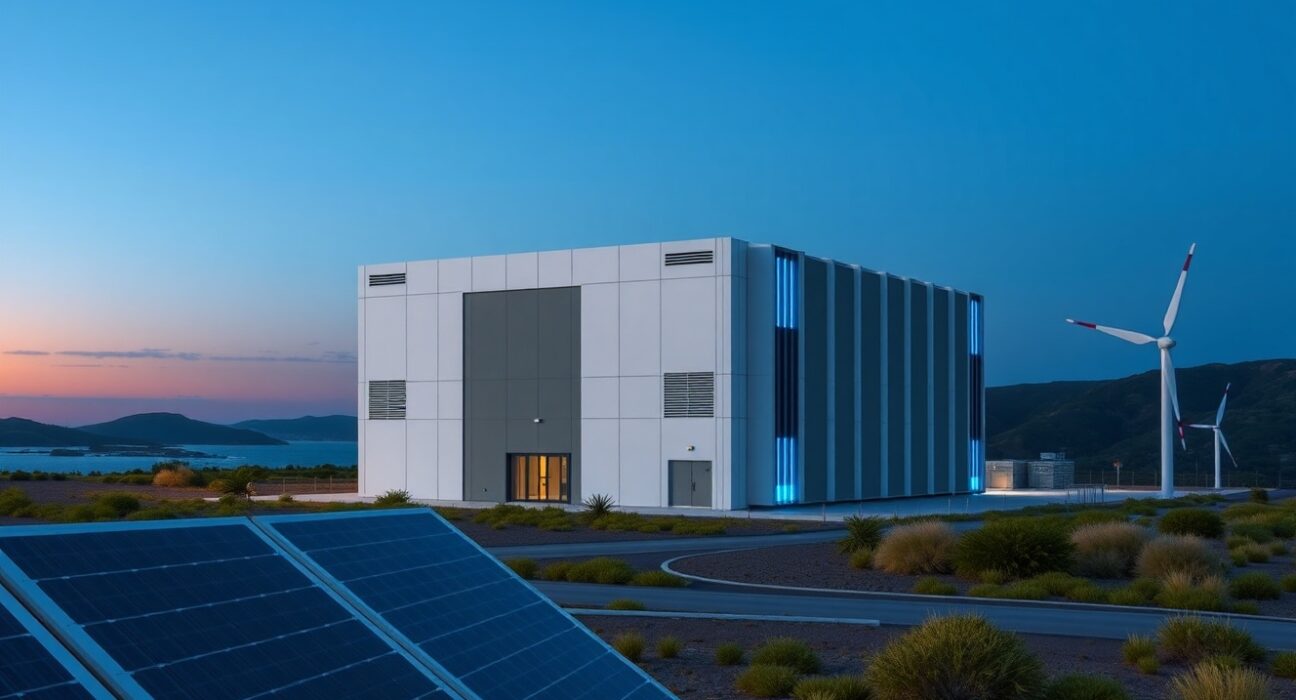 Modern AI data center for Firmus Project Southgate in a coastal setting, representing energy-efficient infrastructure growth.
