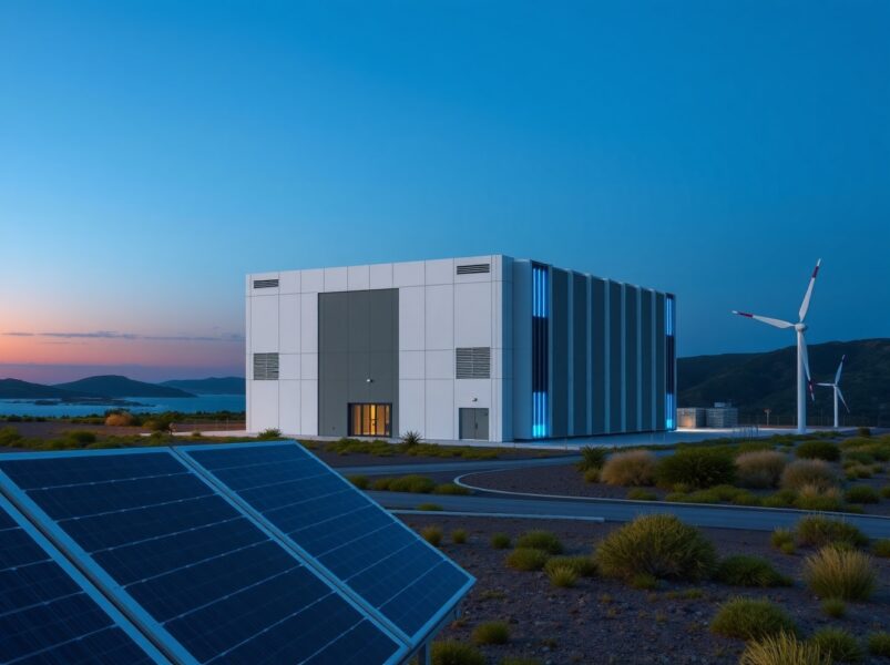 Modern AI data center for Firmus Project Southgate in a coastal setting, representing energy-efficient infrastructure growth.