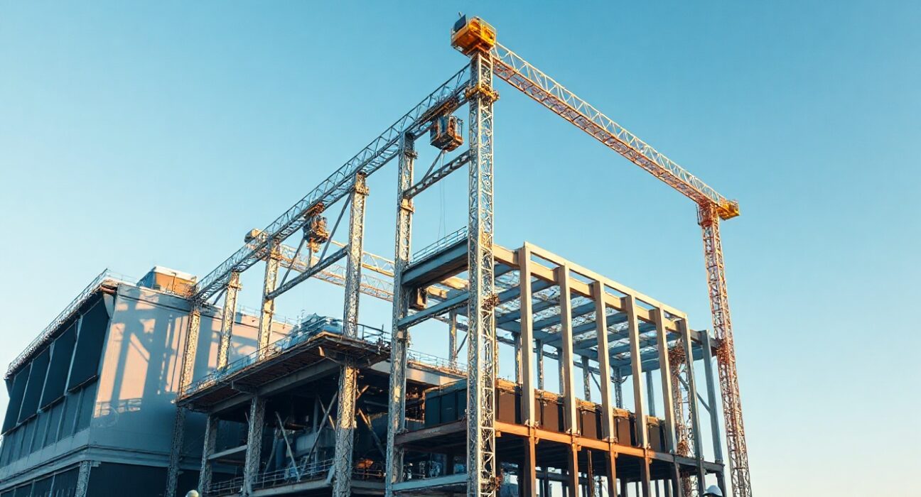 Construction of a large AI data center facility in Australia with workers and equipment under a clear sky