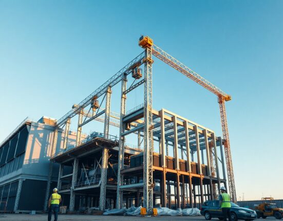 Construction of a large AI data center facility in Australia with workers and equipment under a clear sky