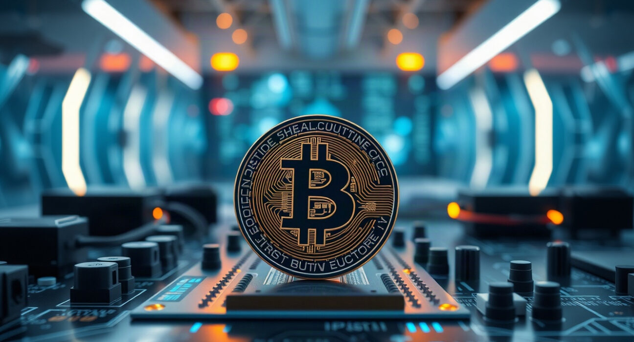 Bitcoin coin on a circuit board with quantum computing elements in the background