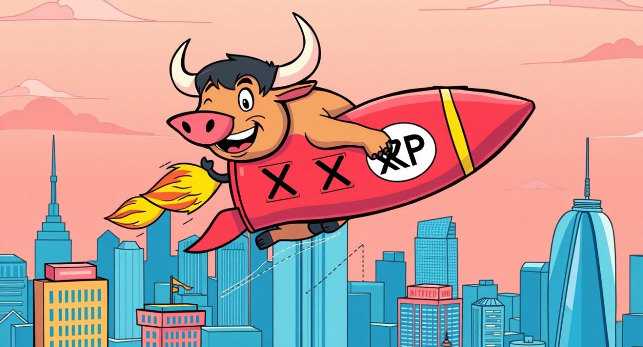 Revolutionary XRP spot ETF launching as bull carrying crypto rocket over financial district