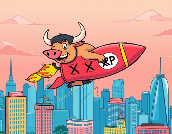 Revolutionary XRP spot ETF launching as bull carrying crypto rocket over financial district