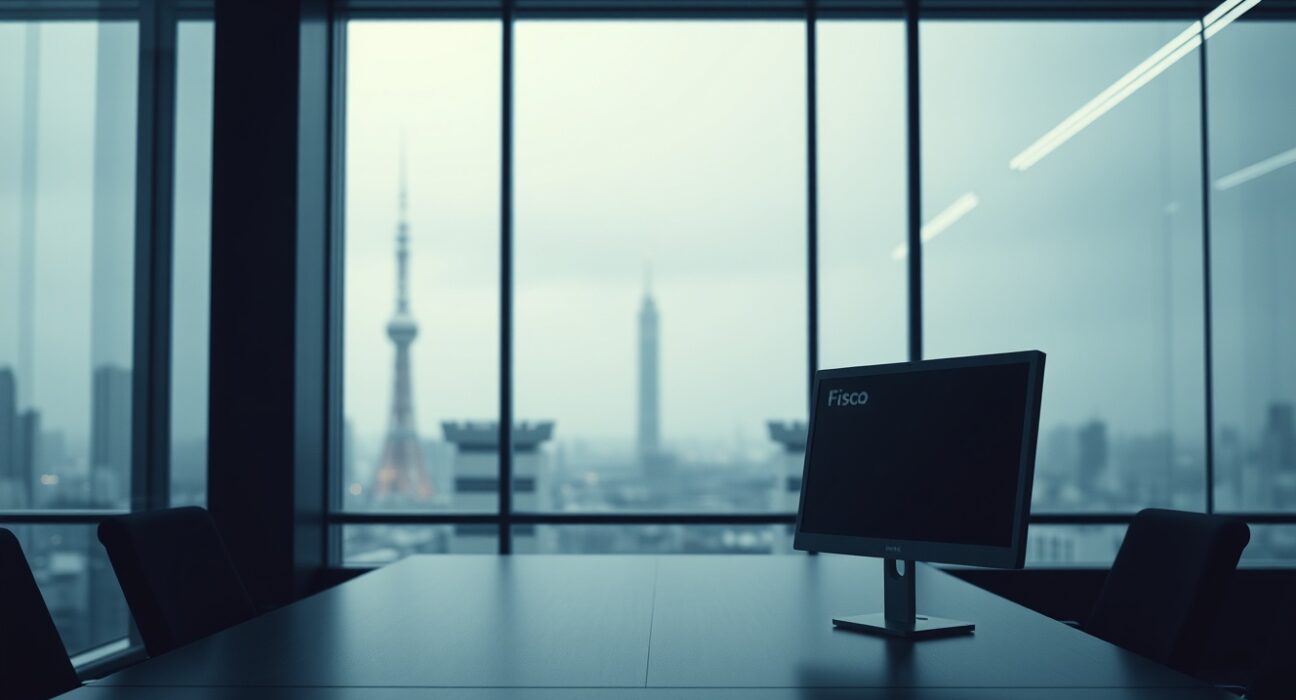 Empty trading desk with a dark monitor in a Tokyo office, symbolizing Fisco's exit from the crypto business.