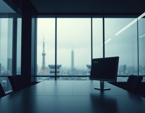 Empty trading desk with a dark monitor in a Tokyo office, symbolizing Fisco's exit from the crypto business.