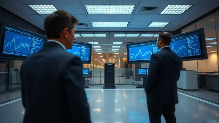 Bank operations staff reviewing interbank stablecoin settlement dashboards on a modern trading floor