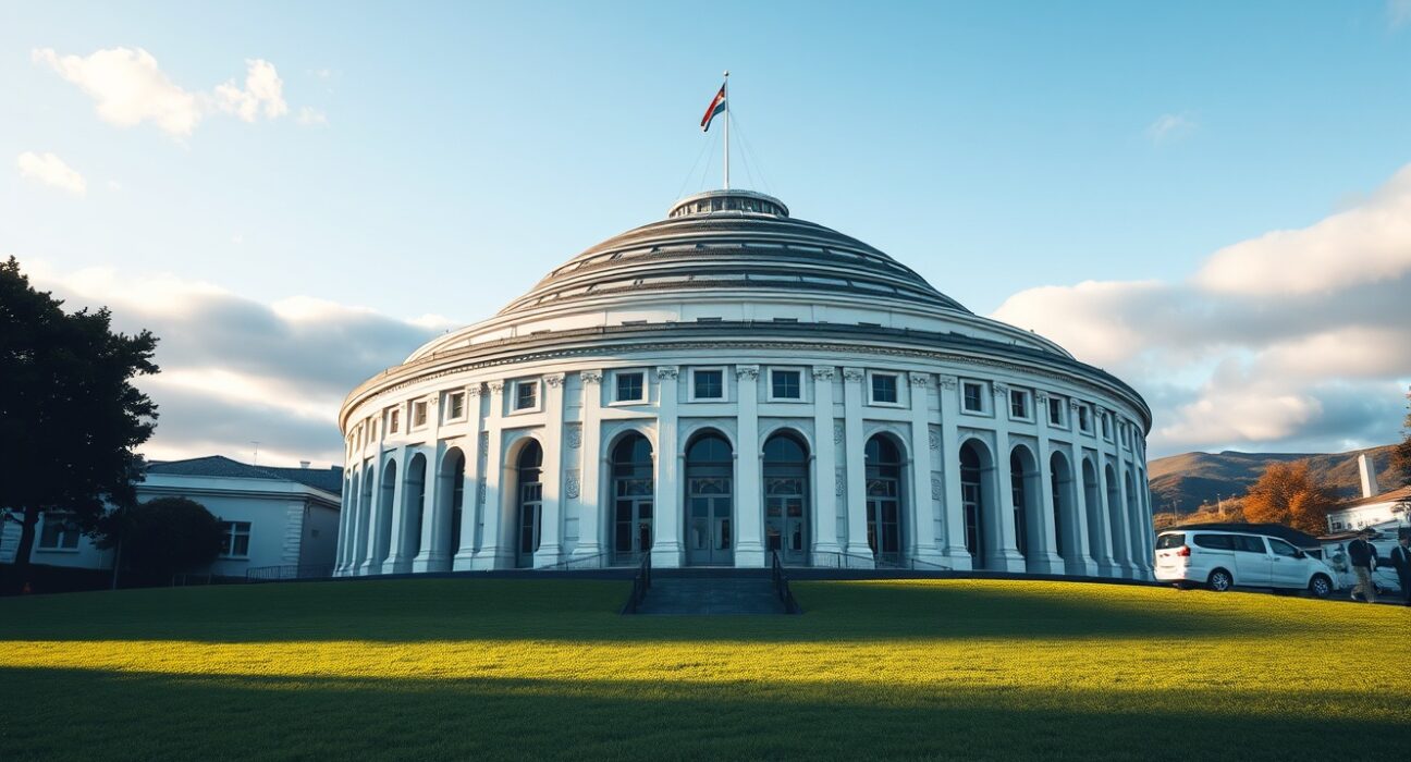 Fitch Ratings downgrade of New Zealand's economic outlook with Parliament building