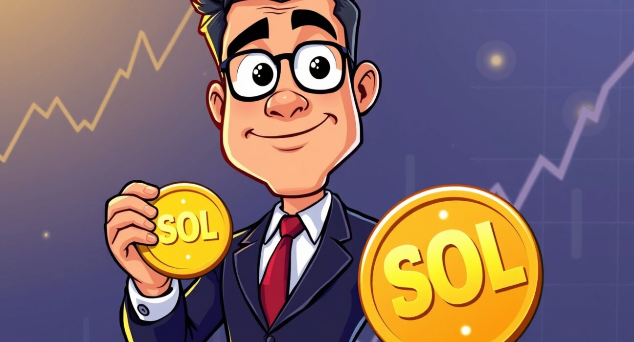 A cartoon illustration showing a corporate executive proudly holding a Solana (SOL) coin, symbolizing Fitell's significant SOL investment.