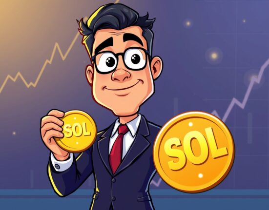 A cartoon illustration showing a corporate executive proudly holding a Solana (SOL) coin, symbolizing Fitell's significant SOL investment.