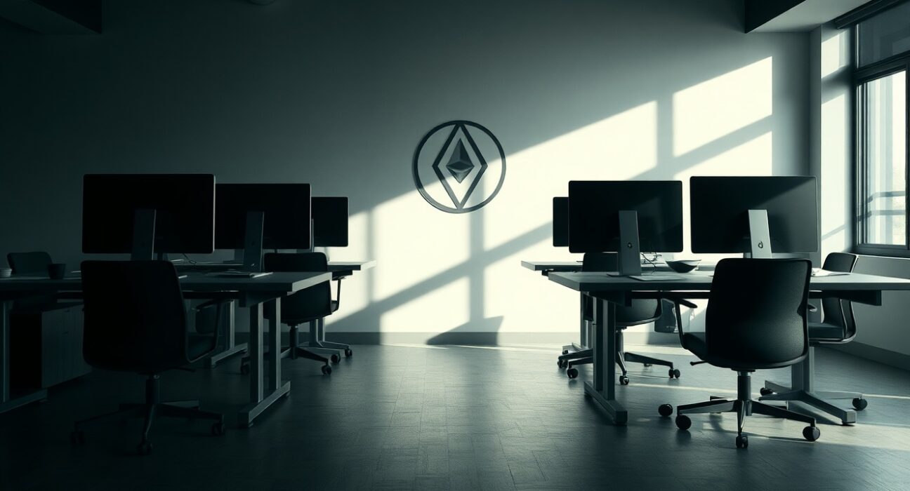 Empty office desks in a dimly lit startup space, symbolizing crypto project closures during a bear market.