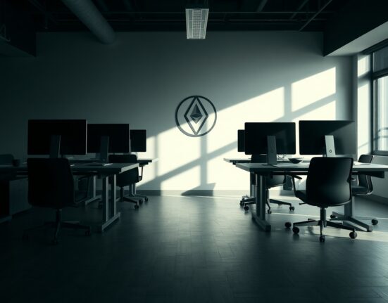Empty office desks in a dimly lit startup space, symbolizing crypto project closures during a bear market.
